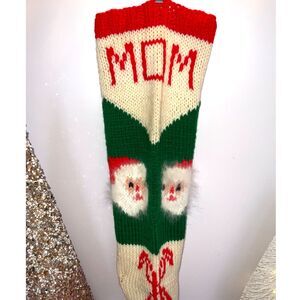 Incredible vintage knitted Christmas stocking Mom Santa Claus candy canes
